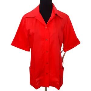 Vintage 1960s Dagger Collar Tunic Top Button Down Roll Cuff Sleeve Cherry Red